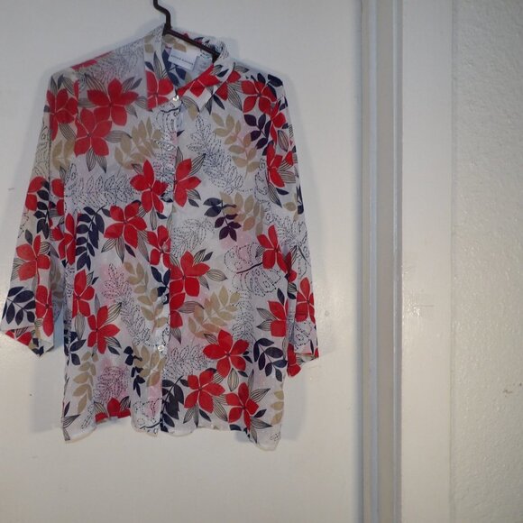 Alfred Dunner Sheer Floral Swiss Dot Button Down Shirt Sz 12 - Picture 1 of 6
